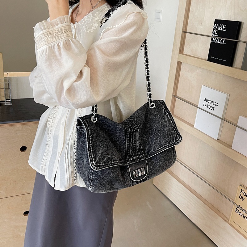 Denim Fashion Large Capacity Chain Commuter Tote Wandering Shoulder Bag - Image 4